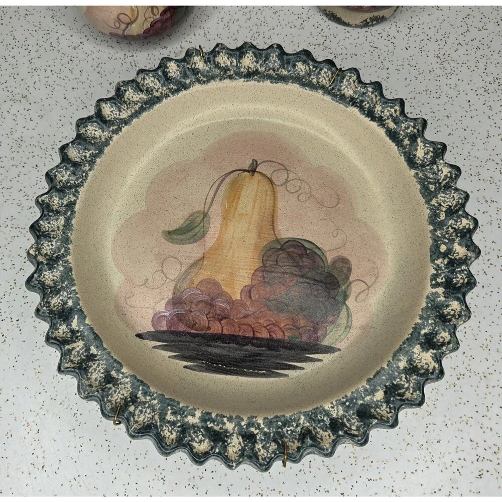 Country Crafts Pottery Spongeware Pear & Grapes Plate Pitcher Soap Dispenser Set